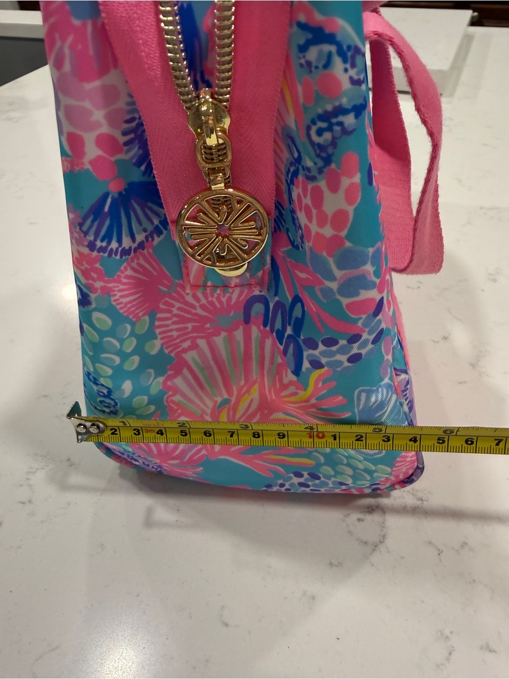 Lilly Pulitzer Pink & Aqua Floral Lunch Tote with Gold Logo - Picture 7 of 7